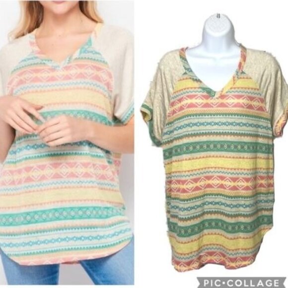HoneyMe size Large Multicolor Short Sleeve Boutique Top - Picture 1 of 14